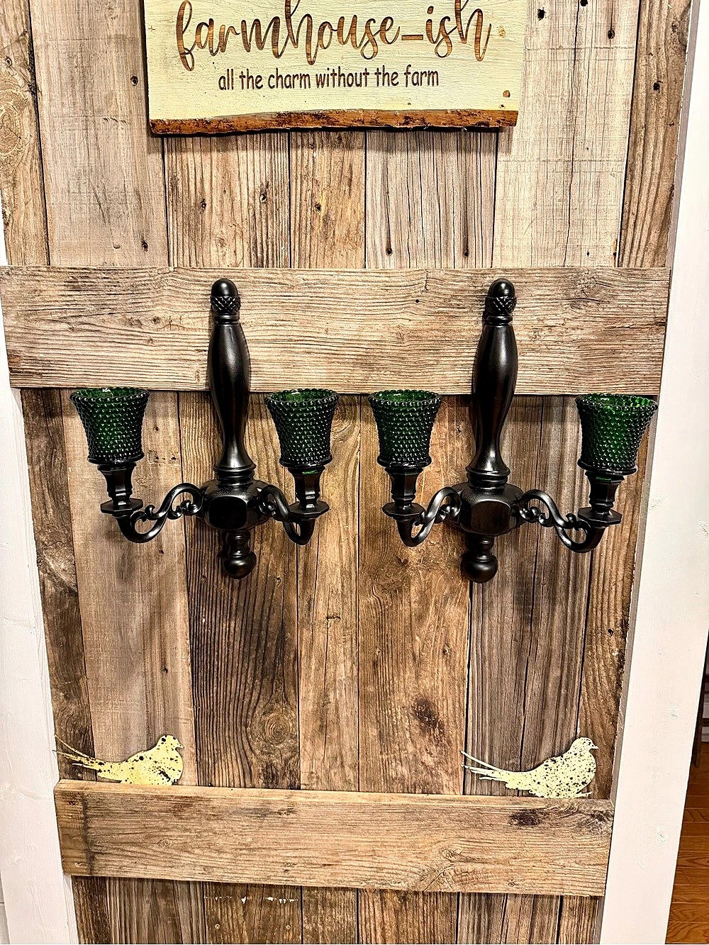 (2) vintage 1965 double-arm wall sconces black with green hobnail votive cups